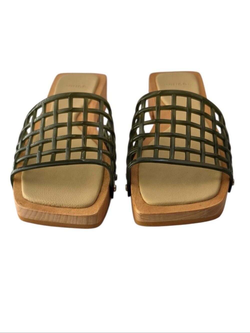 VINCE Chive Wood Slide Sandals Olive Cage Leather Size 9 M - Picture 3 of 9